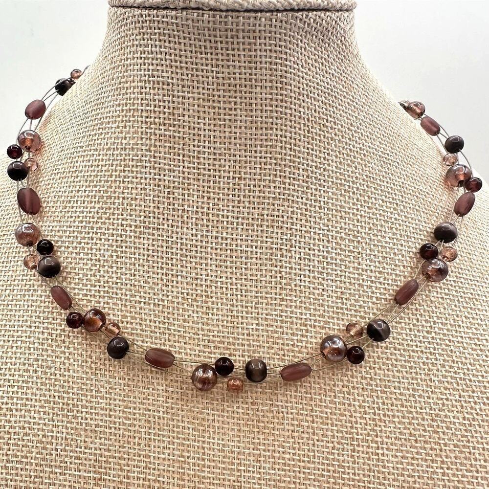 Vintage Y2K Multi Strand Plum Bronze Beaded Illusion Necklace Earthy Jewelry 90s